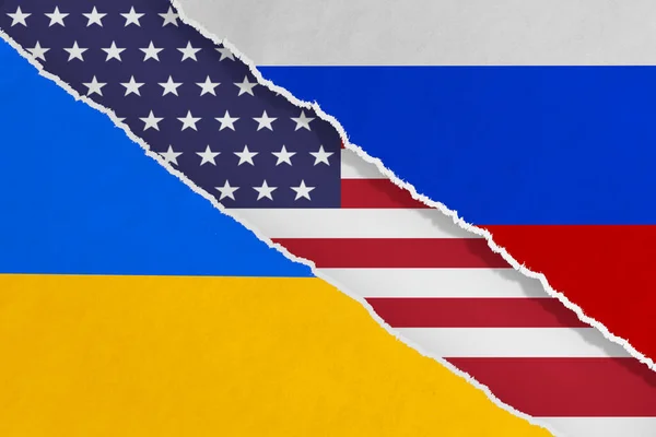 Ukraine Usa Russia Flags Ripped Paper Extreme Closeup Rendering — ストック写真