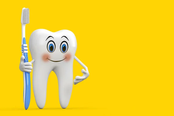 Bílý Zub Osoba Charakter Maskot Jednoduchým Plastovým Zubním Kartáčkem Žlutém — Stock fotografie
