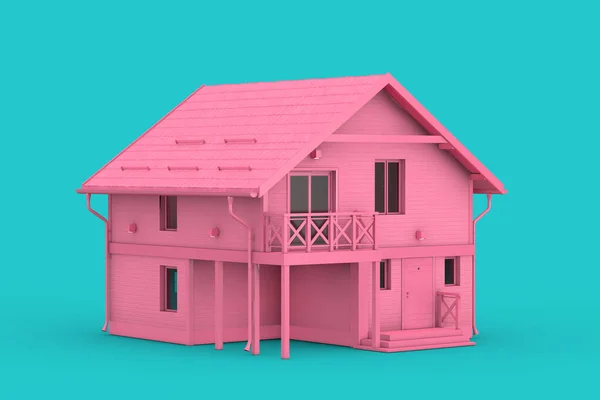 现代粉红砖家庭小屋在杜通风格的蓝色背景 3D渲染 — 图库照片