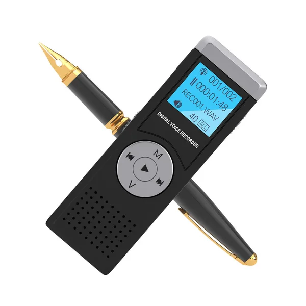 World Press Freedom Day Concept. Golden Fountain Writing Pen with Journalist Digital Voice Recorder or Dictaphone on a white background. 3d Rendering
