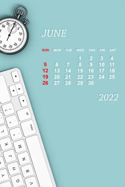Календарь 2022 Года Июнь Календарь Секундомером Клавиатурой Рендеринг — стоковое фото