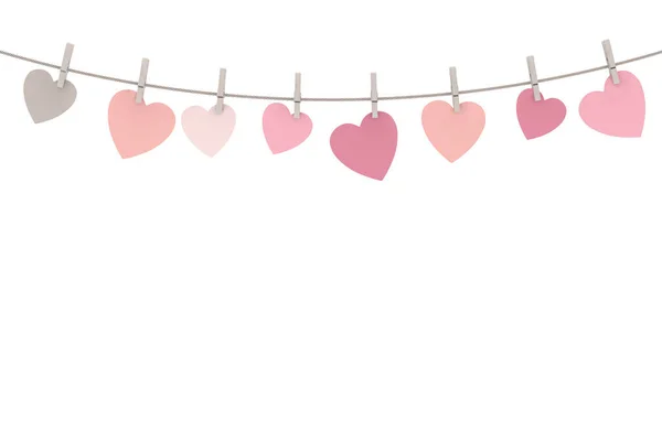 Many Valentine Day Multicolor Heart Cards Hanging Rope White Background — Stock Photo, Image