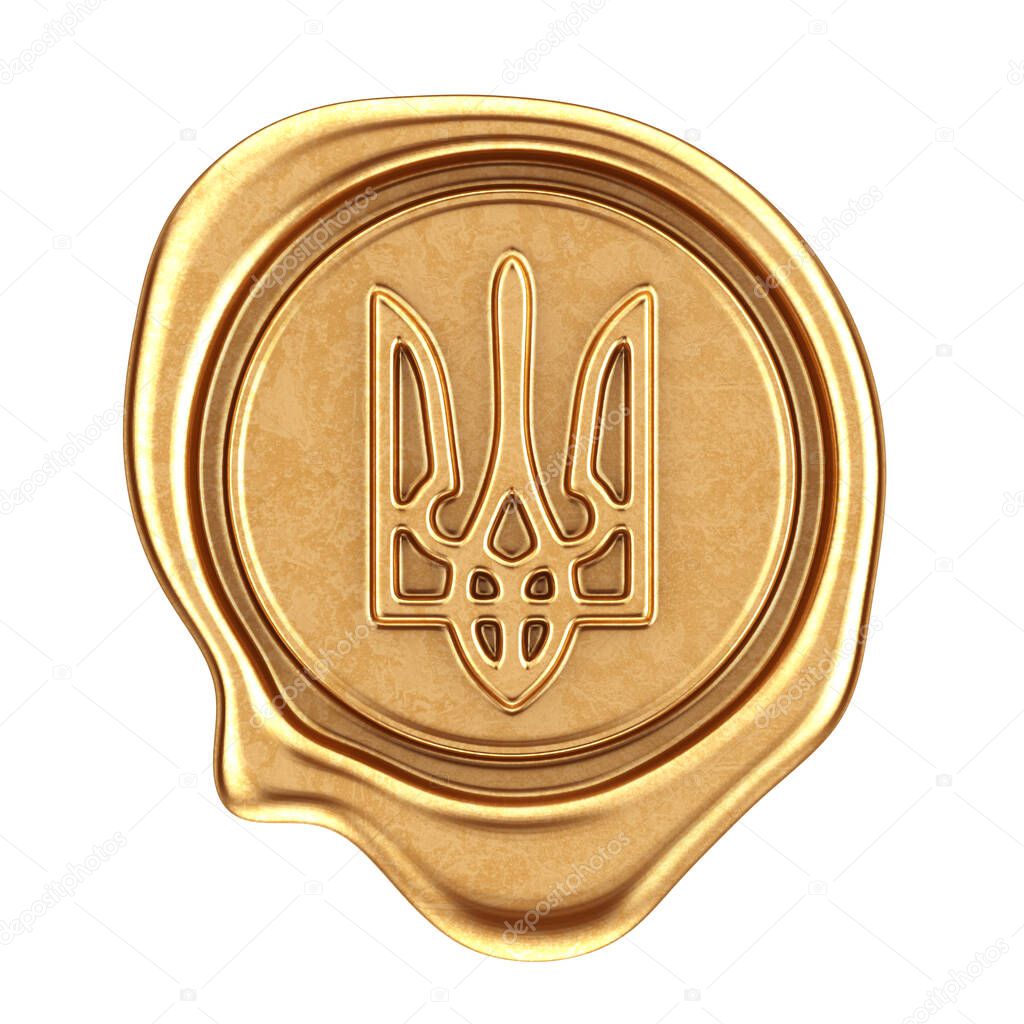 Golden Wax Seal with Ukraine Coat of Arms on a white background. 3d Rendering 