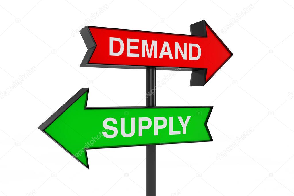 Red and Green Direction Arrow with Demand and Supply Sign on a white background. 3d Rendering 
