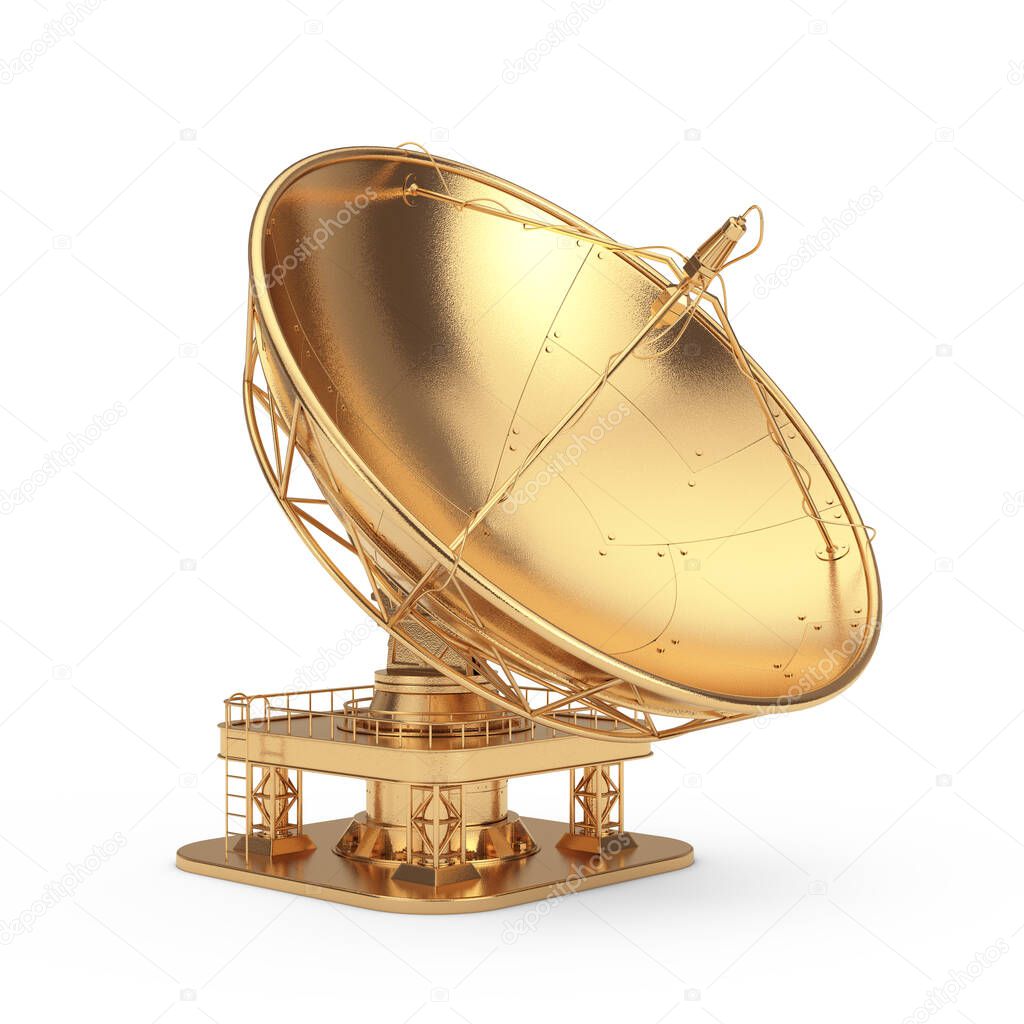 Big Golden Satellite Dish Antenna Radar on a white background. 3d Rendering 