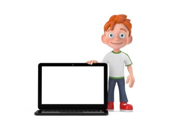 Modern Laptop Bilgisayar Defteri ve Tasarımınız İçin Boş Ekran Maskotu beyaz bir arkaplanda. 3d Hazırlama 