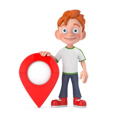 Kırmızı Harita İşaretleyici Pin 'i beyaz arka planda olan Çizgi Genç Erkek Karakter Maskotu. 3d Hazırlama 