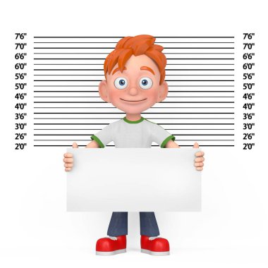 Polis Teşkilatı önünde kimlik plakası olan çizgi film Küçük Çocuk Genç Karakter Maskotu ya da Mugshot Arka plan aşırı yakın çekim. 3d Hazırlama 