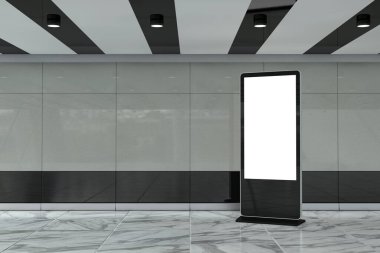 Boş Ticaret Gösterisi LCD Ekran Görünümü Subway İstasyonunda Dizaynınız için Şablon Olarak Son derece yakın çekim. 3d Hazırlama 