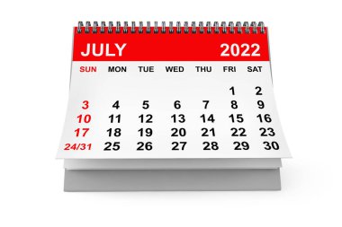2022 Temmuz takvimi beyaz arka planda. 3d Hazırlama