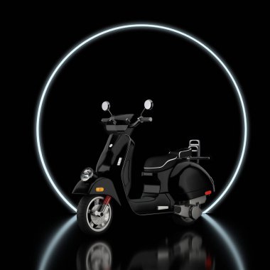 Mavi Klasik Retro ya da Siyah Sahne Arkaplan Işıklı Siyah Daire Sahne Podyumu 'nda Electric Scooter. 3d Hazırlama 