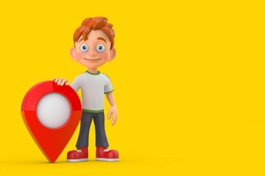 Kırmızı Harita İşaretleyici Pin 'i sarı arka planda olan Çizgi Genç Erkek Karakter Maskotu. 3d Hazırlama 