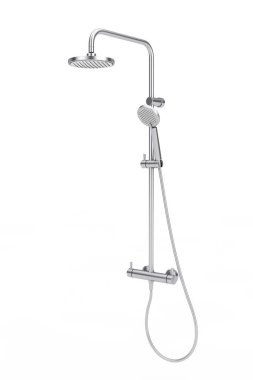 Modern Banyo Metalik Krom Duş Duş Sisteminde beyaz arka planda musluk var. 3d Hazırlama 