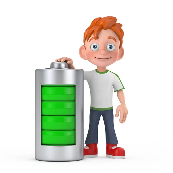 漫画小さな男の子10代の人のキャラクターマスコットとともに抽象充電バッテリー白の背景に 3Dレンダリング — ストック写真