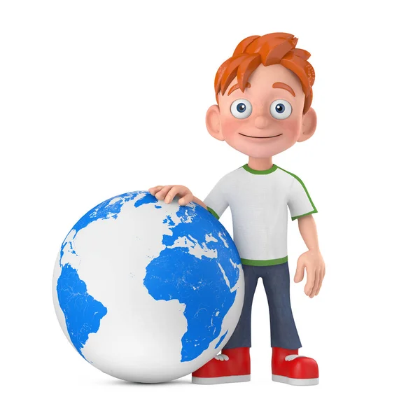 Cartoon Little Boy Teen Person Character Mascot Earth Globe 배경의 — 스톡 사진