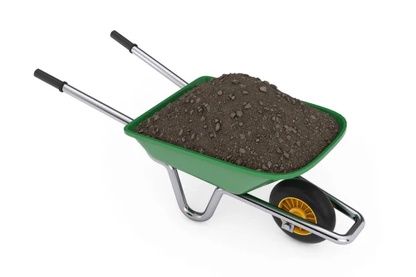 Jardinagem Construção Green Wheelbarrow Com Solo Sobre Fundo Branco Renderização — Fotografia de Stock