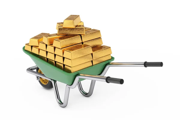 Gardening Construction Green Wheelbarrow Full Golden Bars White Background Rendering — Stock Photo, Image