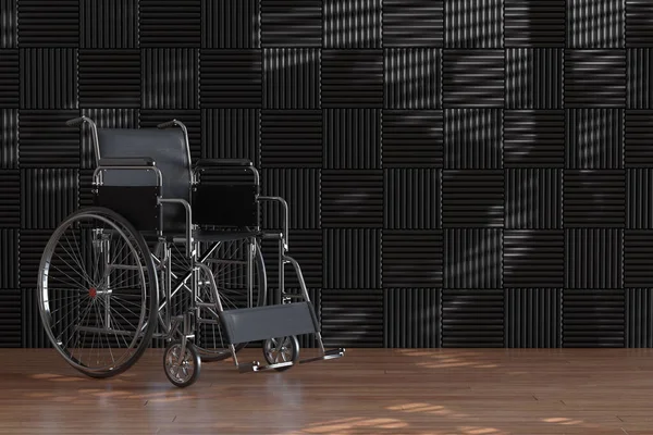 Empty Wheelchair in Front of Black Tile Wall extreme closeup. 3d Rendering