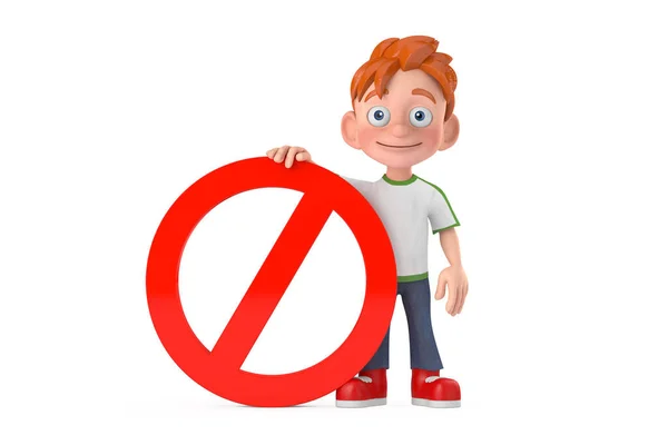 Caricatura Niño Adolescente Personaje Mascota Con Prohibición Roja Signo Prohibido — Foto de Stock