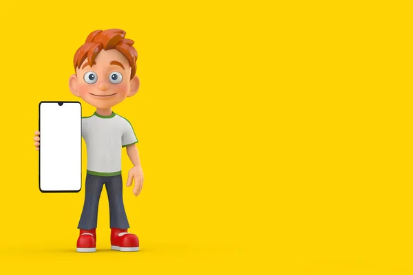 Cartoon Little Boy Teen Person Character Mascot and Modern Mobile Phone with Blank Screen for Your Design on a yellow background. 3d Rendering