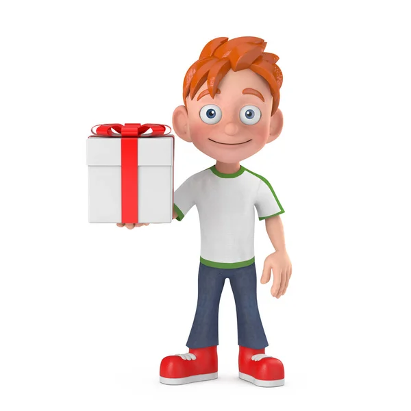 Cartoon Little Boy Teen Person Character Mascot Gift Box Red — 스톡 사진