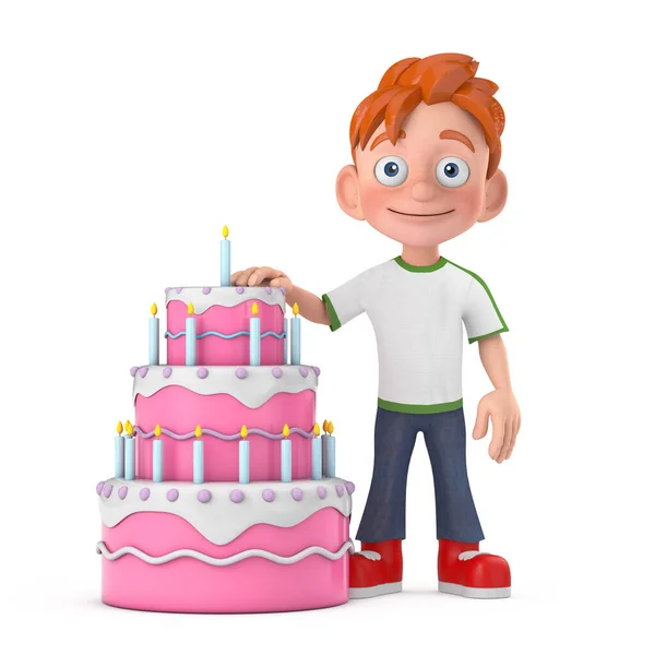 Cartoon Little Boy Teen Person Character Mascot with Birthday Cartoon Dessert Tiered Cake and Candles on a white background. 3d Rendering