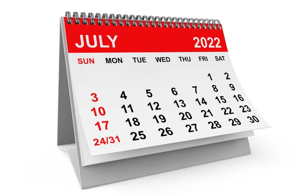 2022 Year July Calendar White Background Rendering — Stock Photo, Image