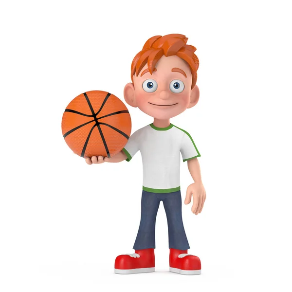 Cartoon Little Boy Teen Person Character Mascot 농구볼을 배경으로 렌더링 — 스톡 사진