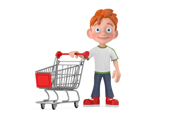 Cartoon Little Boy Teen Person Character Mascot Shopping Cart Trolley — Stock Photo, Image