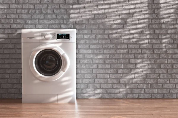 Modern White Washing Machine Front Brick Wall Extreme Closeup Rendering — Stock Photo, Image