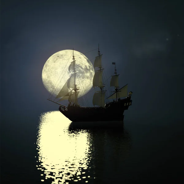 Old Pirate Ship Sea Full Moon Sea Night Sky Background — Stock Photo, Image