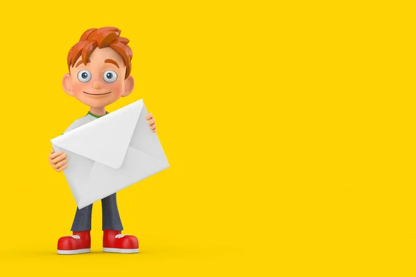 漫画少年10代の人物黄色の背景に白の空白の封筒を持つキャラクターマスコット 3Dレンダリング — ストック写真