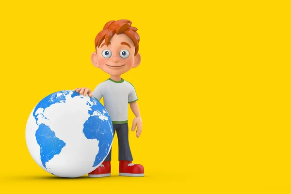 Cartoon Little Boy Teen Person Character Mascot Earth Globe Yellow — Stock Photo, Image