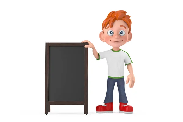 Cartoon Malý Chlapec Dospívající Osoba Postava Maskot Prázdným Dřevěným Menu — Stock fotografie
