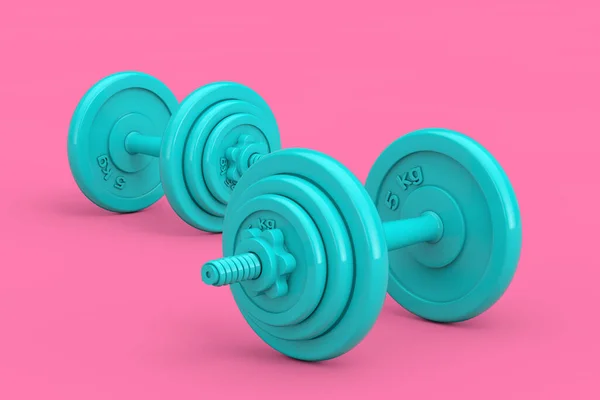 Hantel Treningowy Blue Fitness Weight Duotone Style Różowym Tle Renderowanie — Zdjęcie stockowe