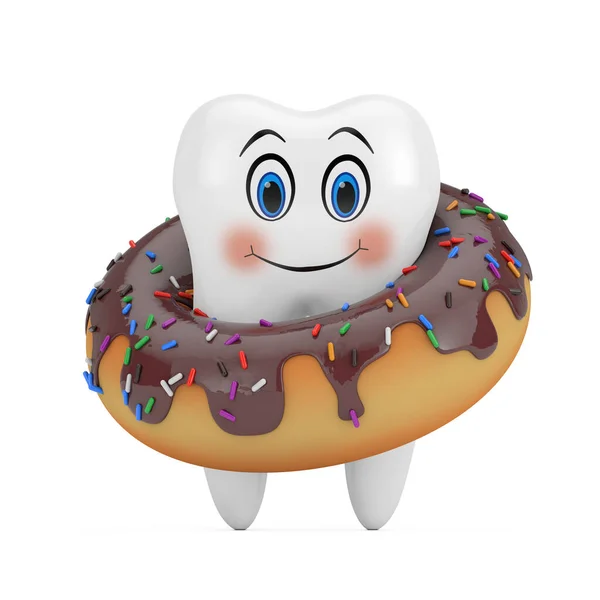 White Tooth Cartoon Character Person with Big Chocolate Glazed Donut with Color Sprinkles on a white background. 3d Rendering
