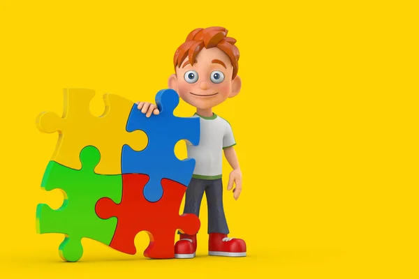 卡通小男孩人物形象吉祥物与四片彩色拼图拼图的黄色背景 3D渲染 — 图库照片