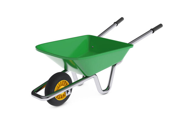 Садоводство и строительство Зеленая тележка для на белом фоне. 3D-рендеринг 