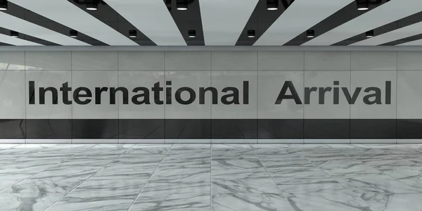 International Arrival Zone of Airport, Bus or Train Station Interior with International Arrival Sign extreme closeup. 3d Rendering