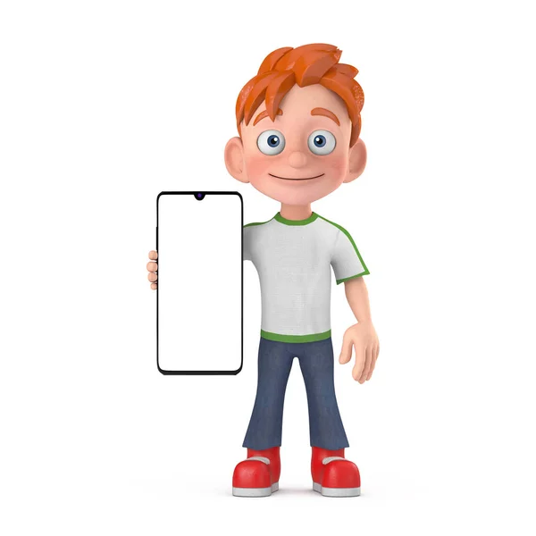Cartoon Little Boy Teen Person Character Mascot Modern Mobile Phone — 스톡 사진