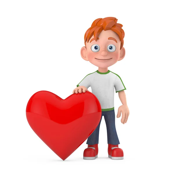 卡通小男孩人物形象吉祥物与红心白色背景 3D渲染 — 图库照片