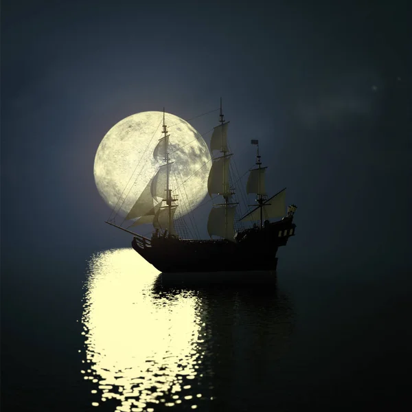 Old Pirate Ship Sea Vollmond Meer Auf Einem Nachthimmel Hintergrund — Stockfoto