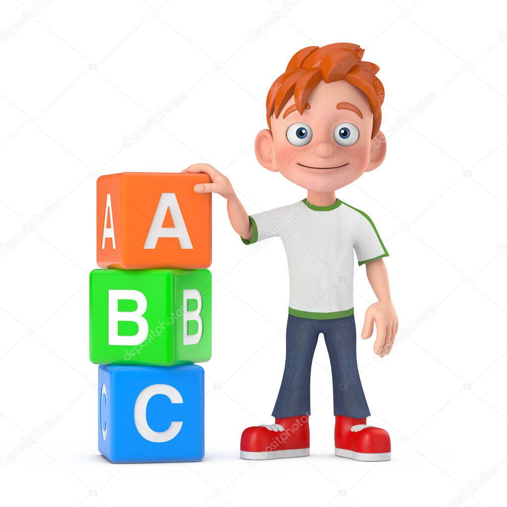 Cartoon Little Boy Teen Person Character Mascot with Alphabet ABC Education Cubes on a white background. 3d Rendering 