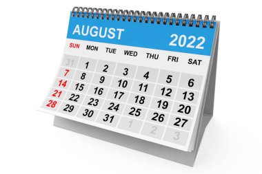 2022 Ağustos takvimi beyaz arka planda. 3d Hazırlama