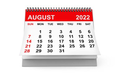 2022 Ağustos takvimi beyaz arka planda. 3d Hazırlama