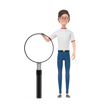 Beyaz arka planda büyüteç olan çizgi film karakteri adamı. 3d Hazırlama