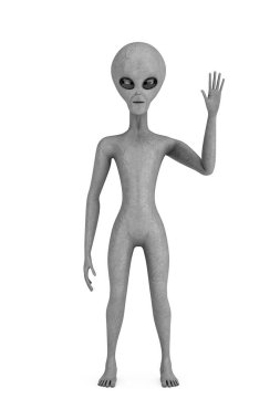 Korkunç Gri İnsansı Uzaylı Selam Veriyor ve beyaz arka planda El Sallıyor. 3d Hazırlama