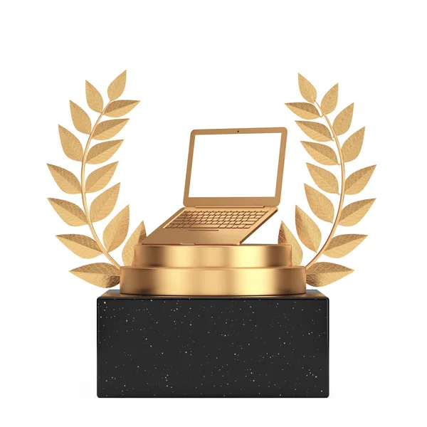 Золотий Лавровий Вінок Сцена Або Єдестал Golden Modern Laptop Computer — стокове фото