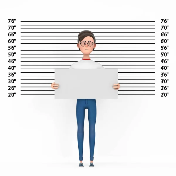 Cartoon Character Person Man with Identification Plate in front of Police Lineup or Mugshot Background extreme closeup. 3d Rendering