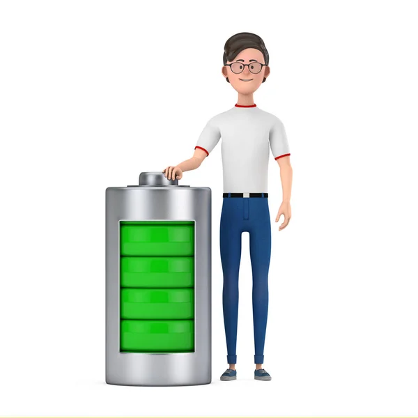 Cartoon Character Person Man with Abstract Charging Battery on a white background. 3d Rendering